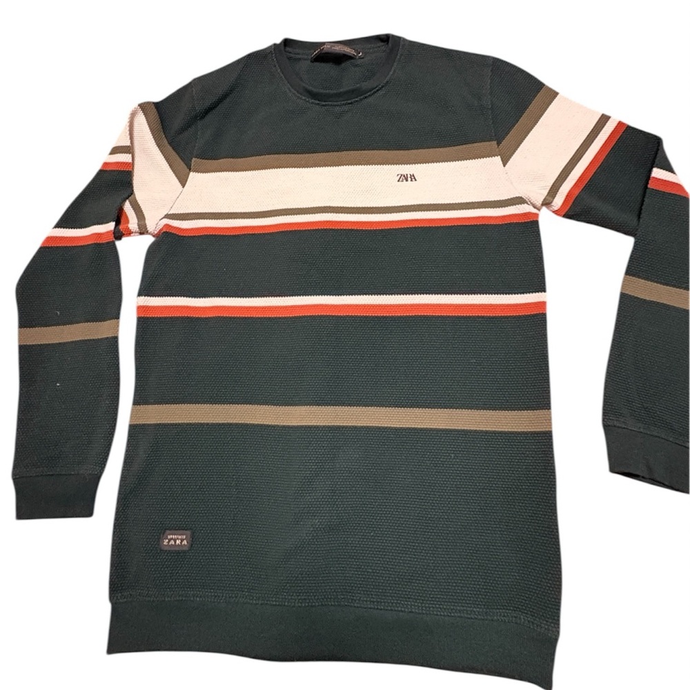 ZARA Man Green Striped Cotton Knit Sweater Size L
